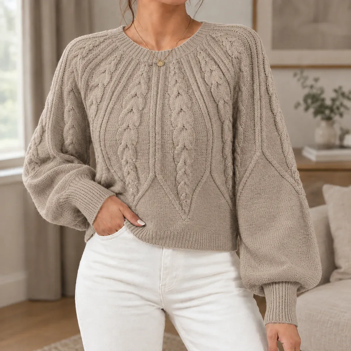 Mackenzie Cable Knit Sweater in Taupe