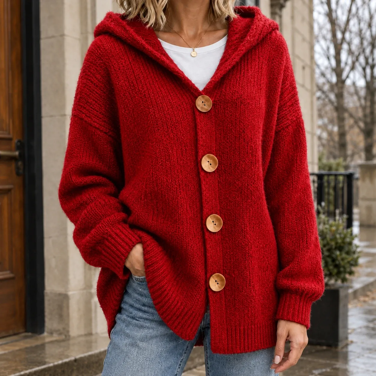 Katherine-June Hooded Cardigan in Red