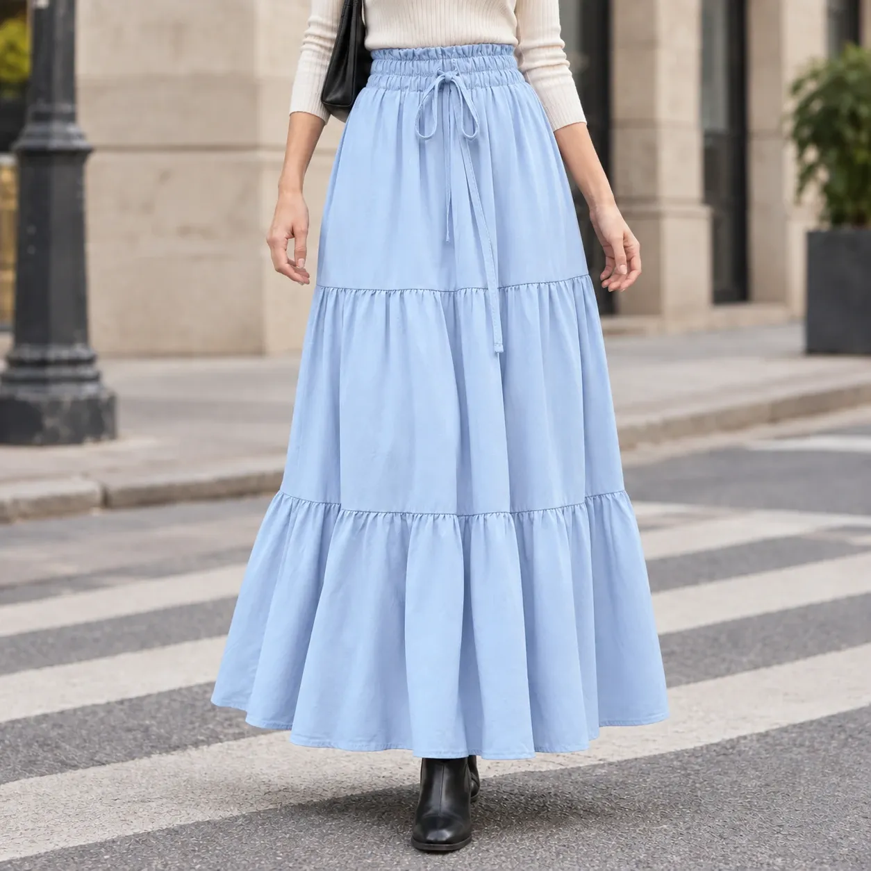 Guinevere Tiered Maxi Skirt in Light Blue