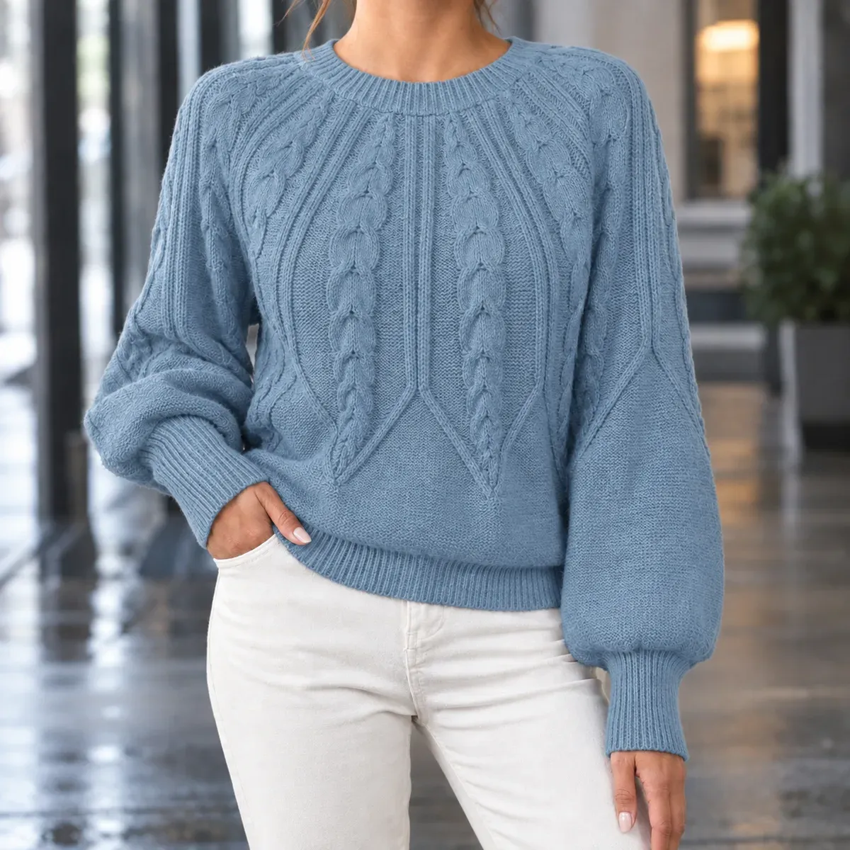 Henriette Cable Knit Sweater in Light Blue