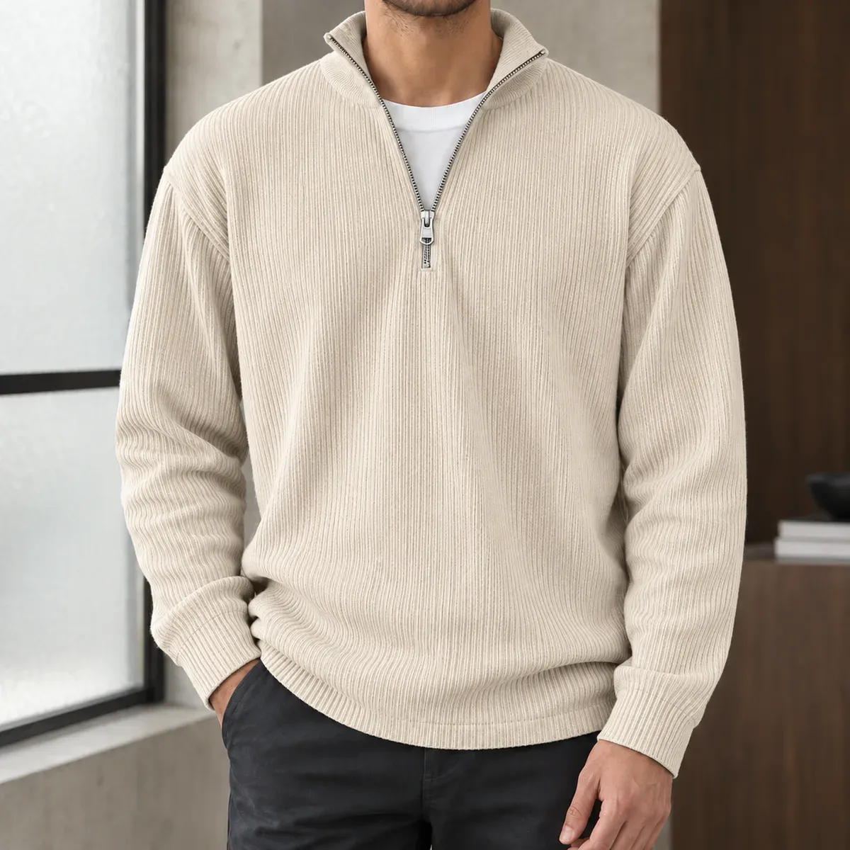 Peter Ribbed Pullover in Khaki