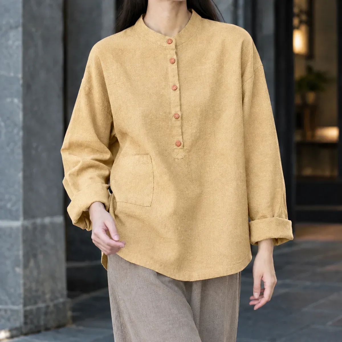 Severine-Pearl Stand Collar Top in Warm Yellow