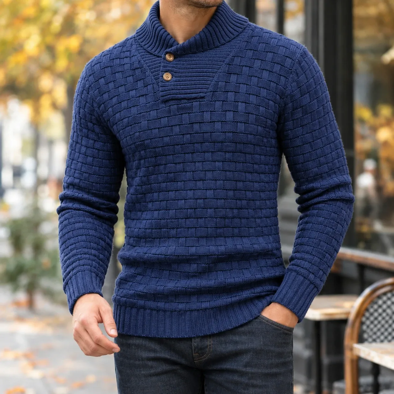 Nicholas Shawl Collar Sweater in Navy Blue