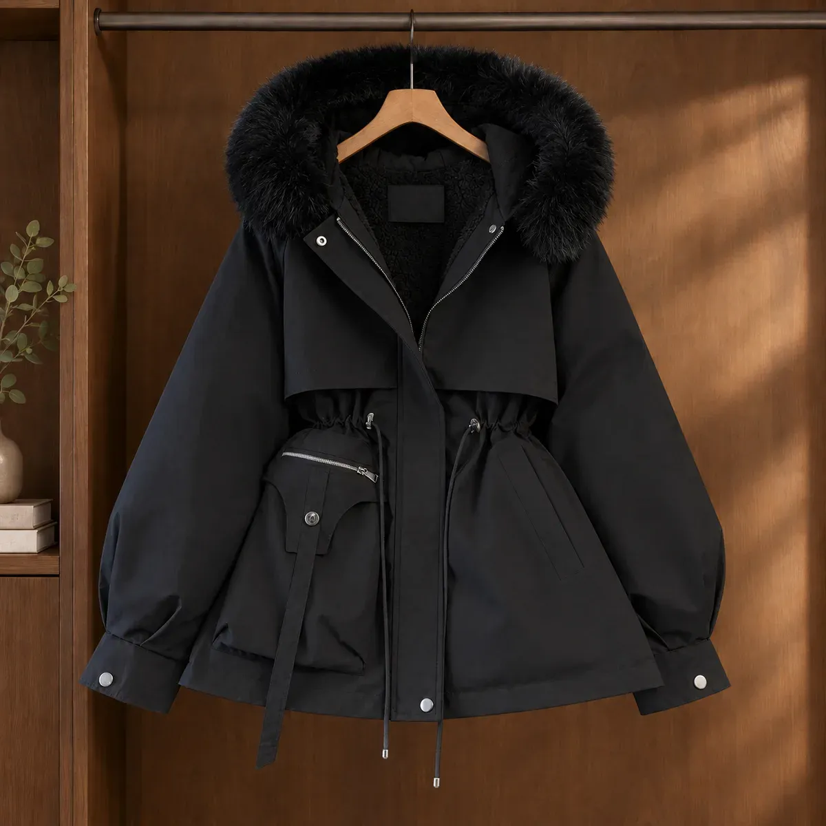 Sabina-Jade Plush Trim Parka in Black