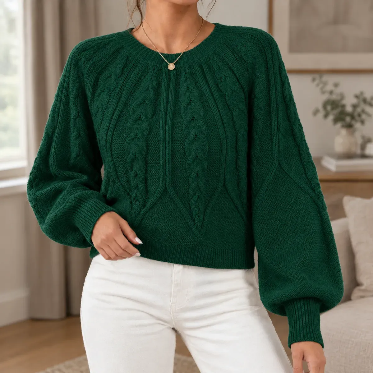 Mackenzie Cable Knit Sweater in Dark Green