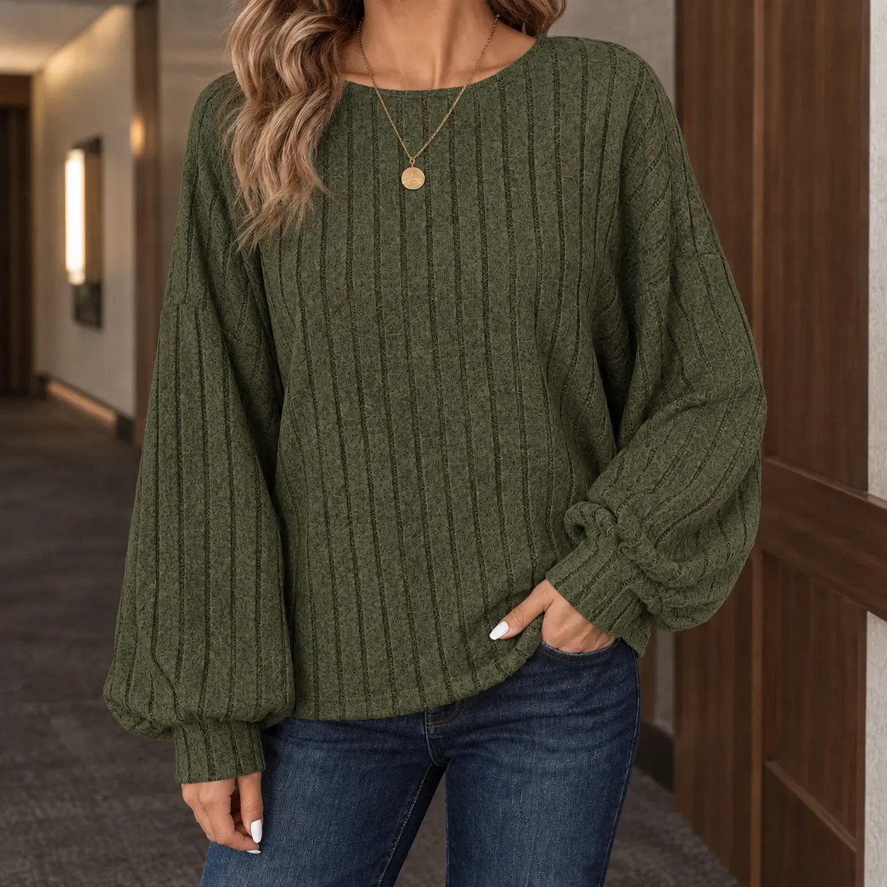 Arwen-Sage Ribbed Top in Dark Green