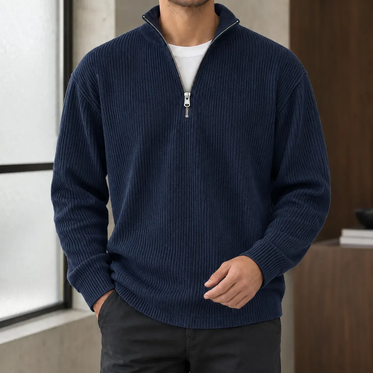 Peter Ribbed Pullover in Navy Blue