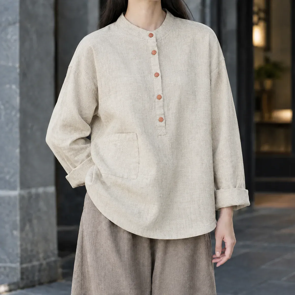 Severine-Pearl Stand Collar Top in Beige