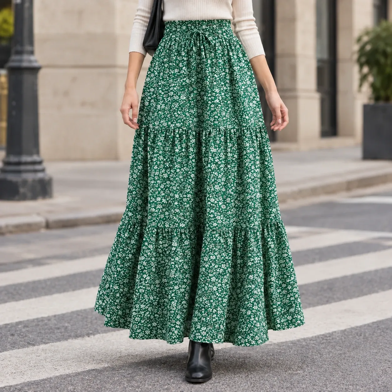 Guinevere Tiered Maxi Skirt in Floral Green