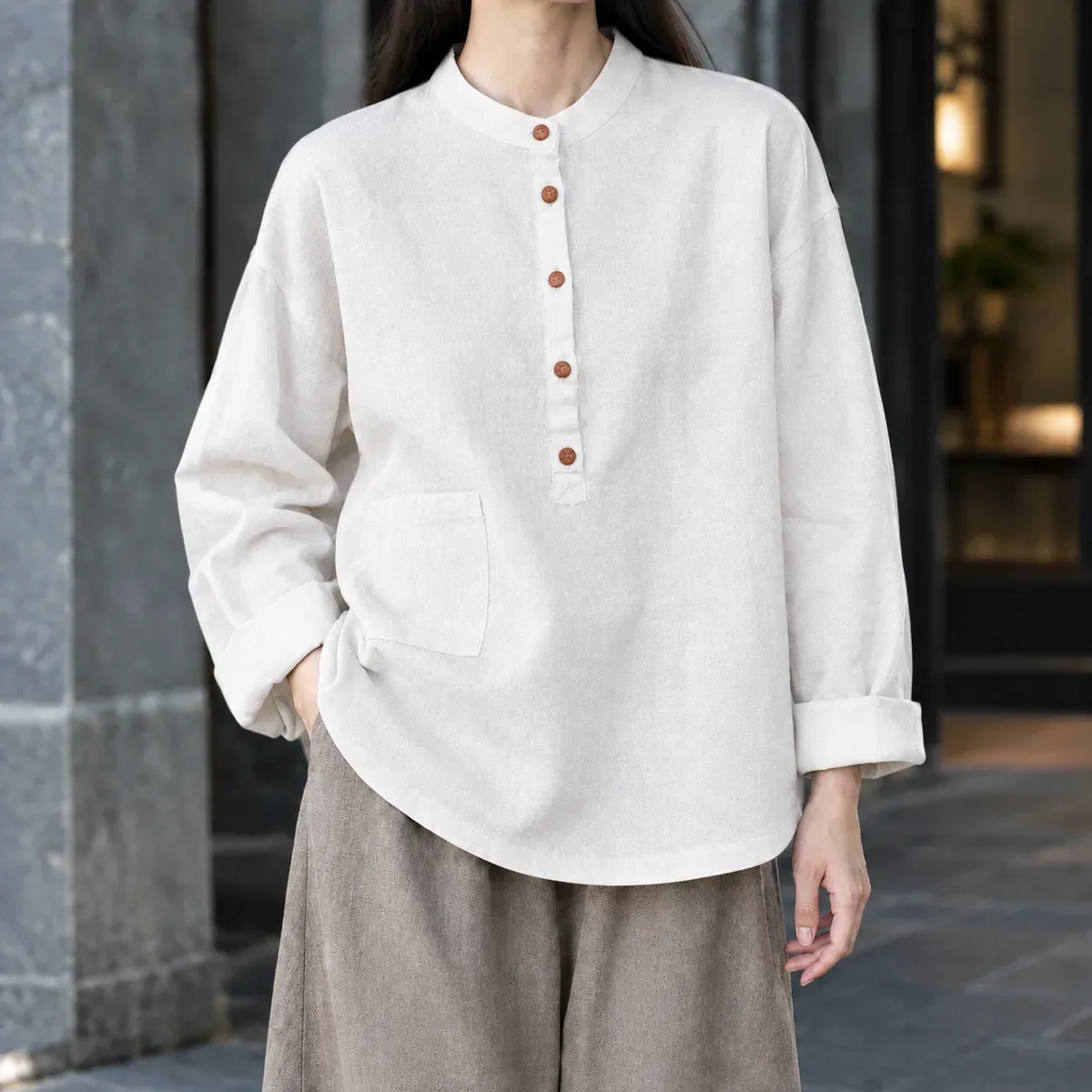 Severine-Pearl Stand Collar Top in White