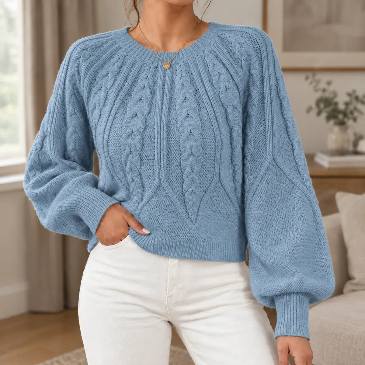 Mackenzie Cable Knit Sweater in Light Blue
