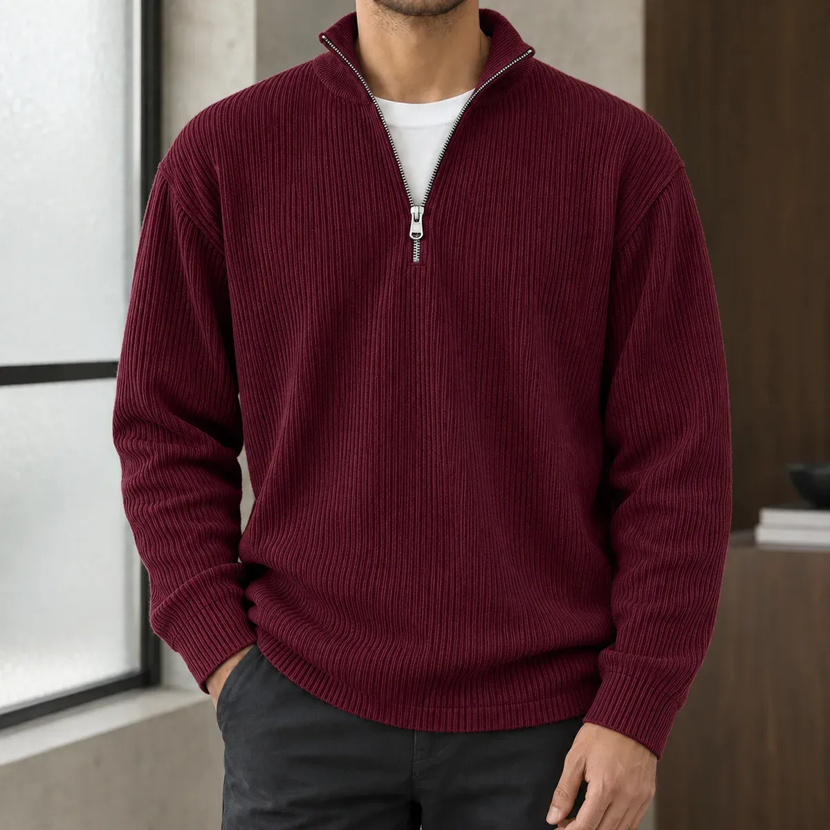 Peter Ribbed Pullover in Wine Red