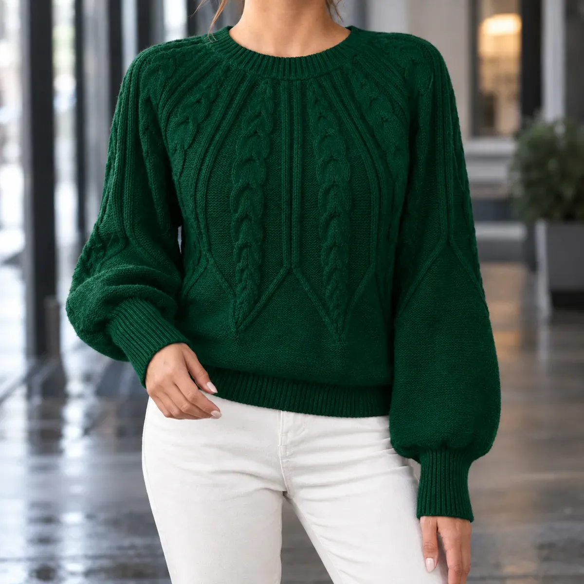 Henriette Cable Knit Sweater in Dark Green