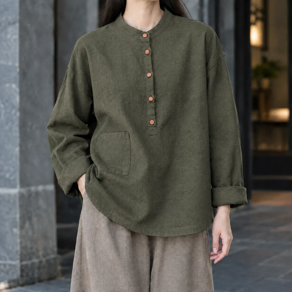 Severine-Pearl Stand Collar Top in Dark Green