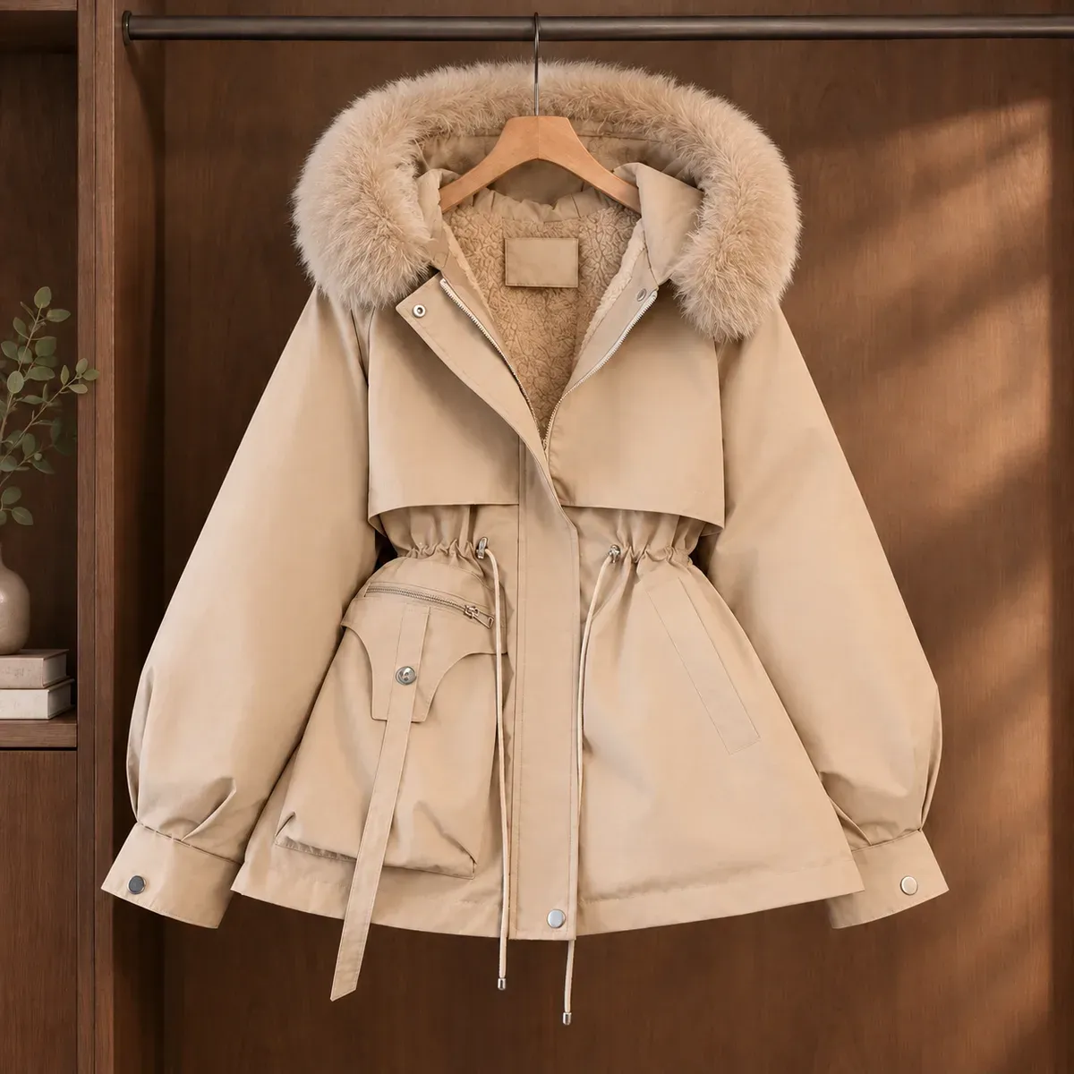 Sabina-Jade Plush Trim Parka in Khaki