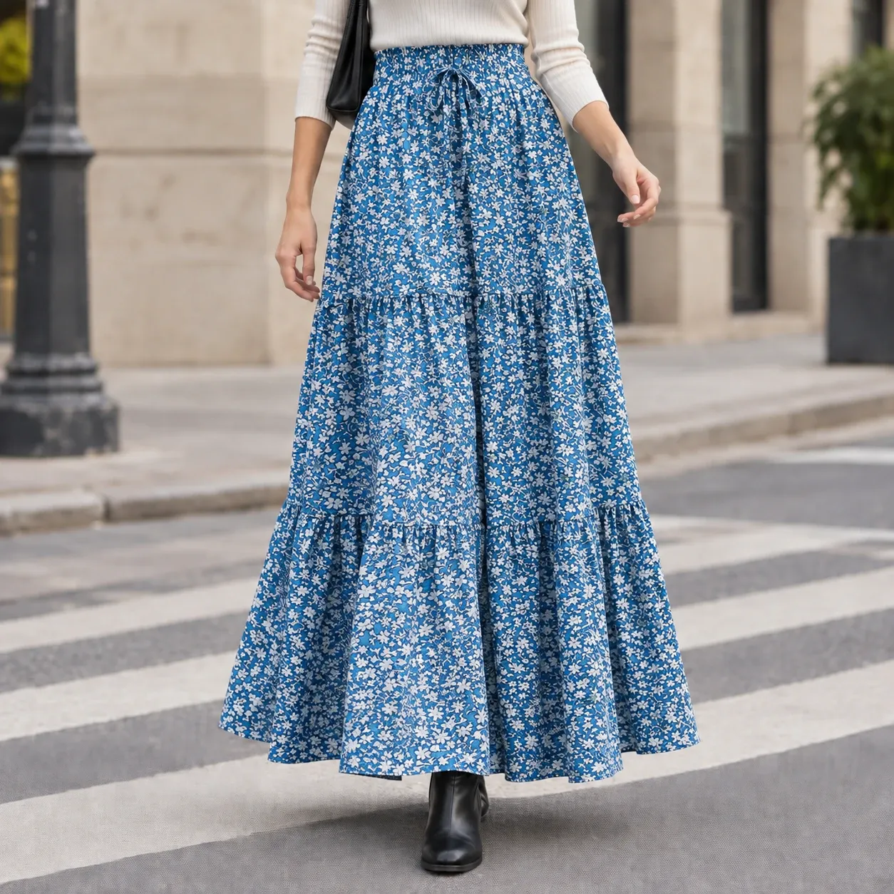Guinevere Tiered Maxi Skirt in Floral Blue