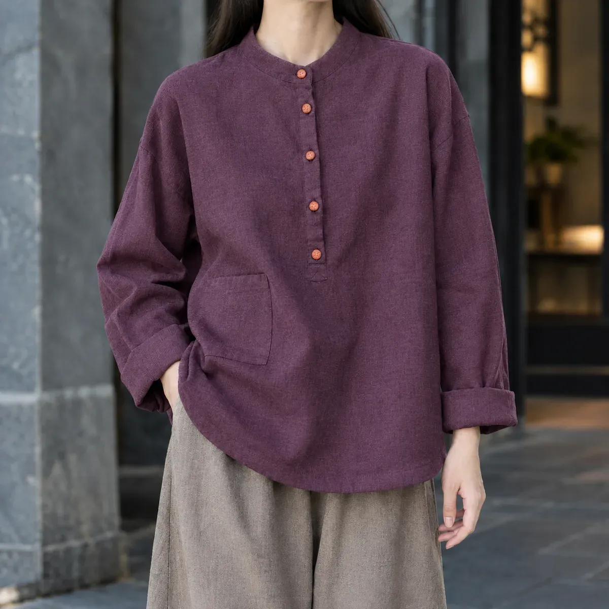 Severine-Pearl Stand Collar Top in Purple